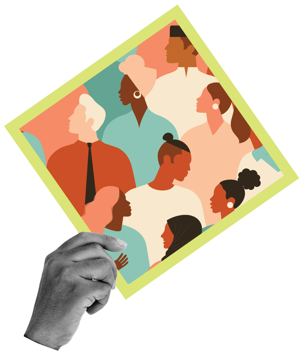 One of the hands from the cover of the report holding a square. Inside the square is an illustration of people of various diversities and genders.
